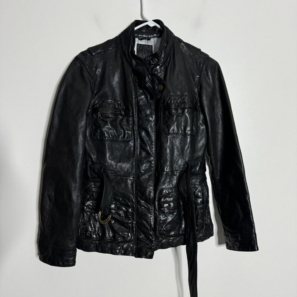 Gap Genuine Leather Jacket XS Mens Solid Black‎ Belted Motorcycle